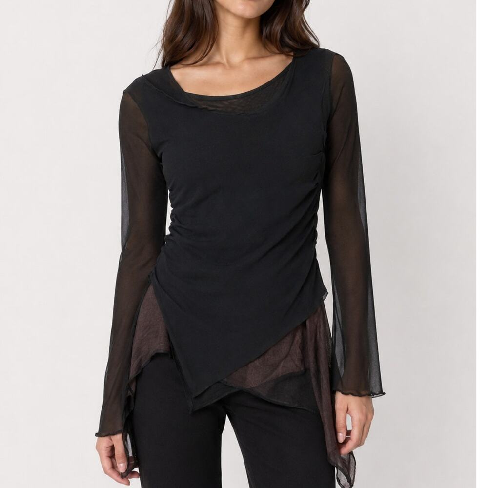 Cynthia Ashby Silk Blend Blouse Asymmetric Mesh Layered Lagenlook Tunic Top
